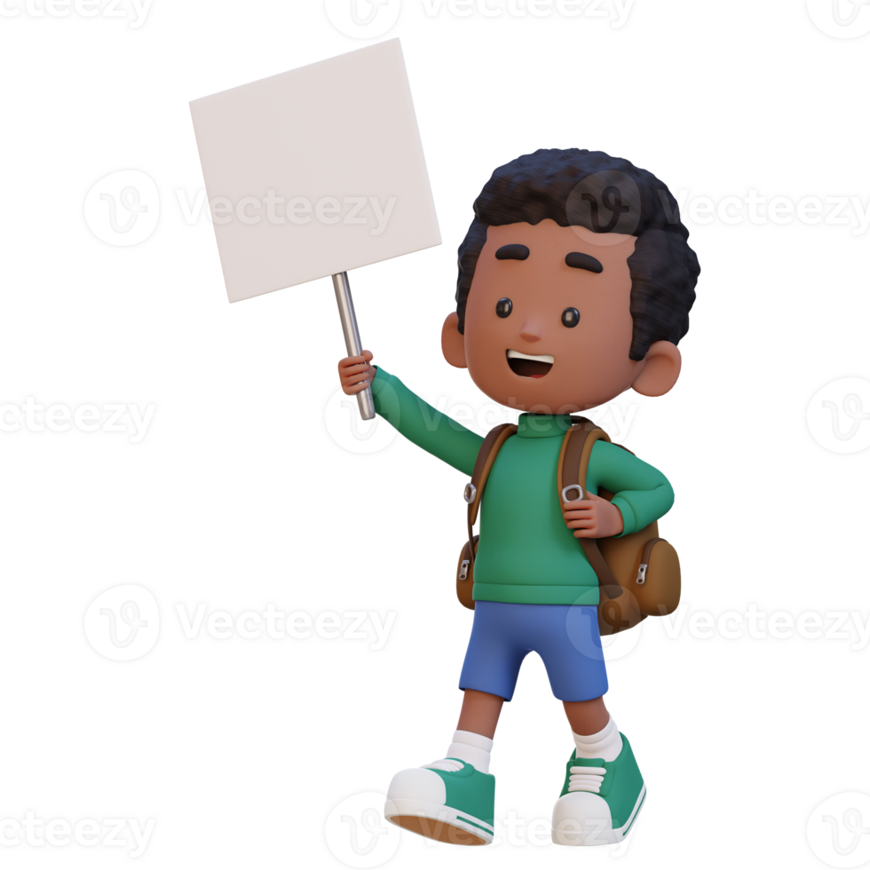 3D kid character holding a blank placard png