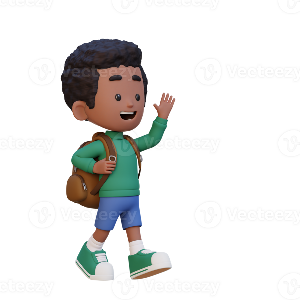 3D happy kid character walking and waving hand png