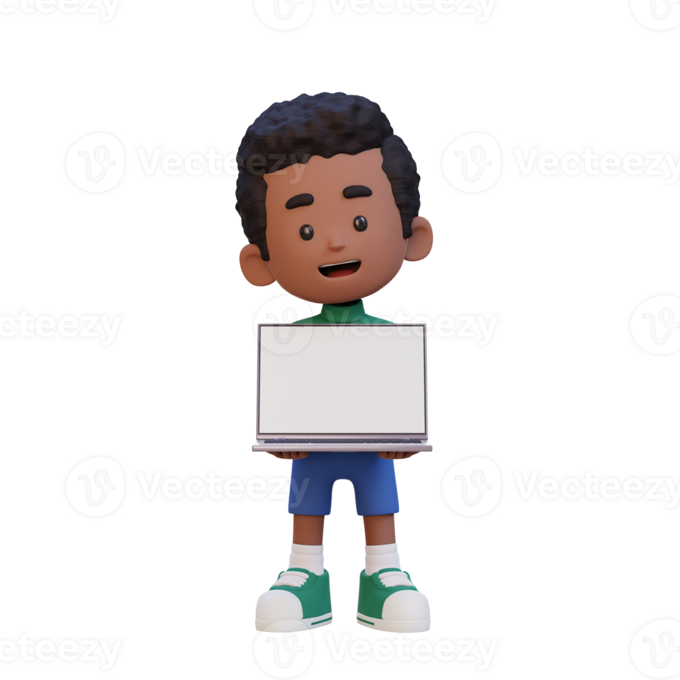 3D kid Character Holding and Presenting to a Laptop with Empty Screen png