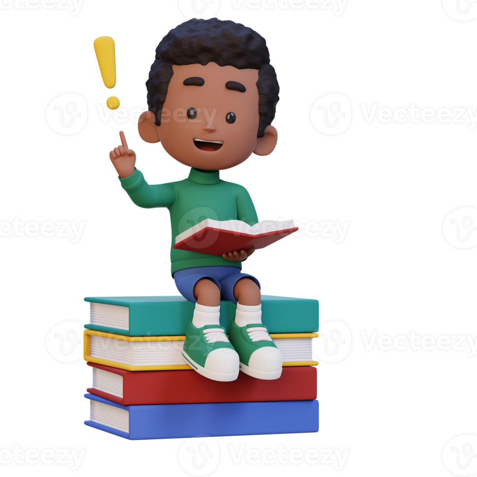 3D kid character get an idea when reading a book png