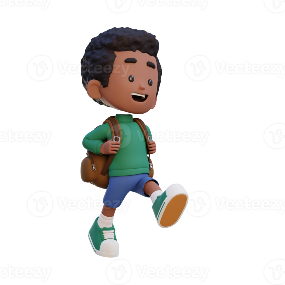 3D happy kid character walking go to school holding bag png