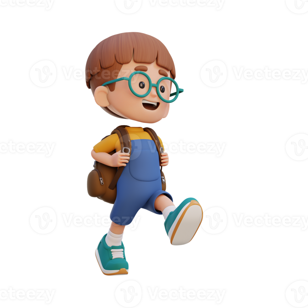 3D happy kid character walking go to school holding bag png