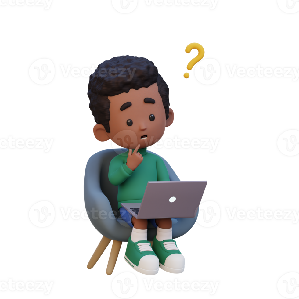 3D cute kid character confused on a laptop png