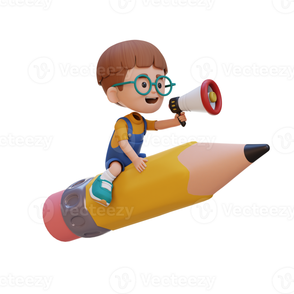 3D kid character riding a pencil and holding megaphone png