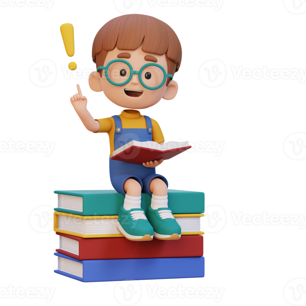 3D kid character get an idea when reading a book png