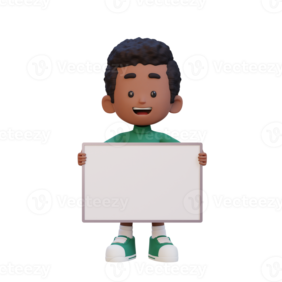 3D kid character holding a blank placard png