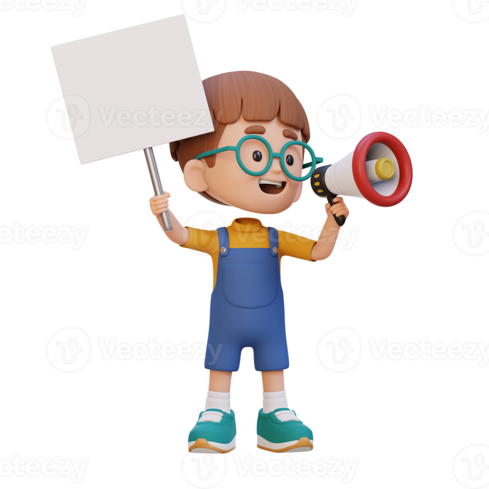 3D kid character holding a blank placard png