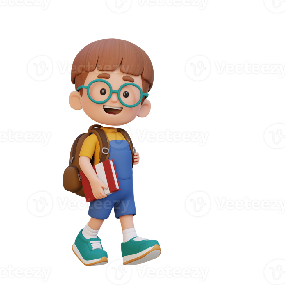 3D happy kid character walking go to school holding book png