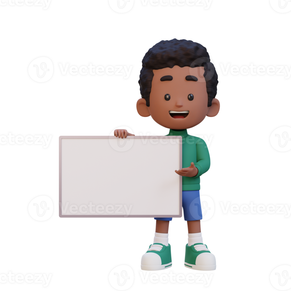 3D kid character holding a blank placard png