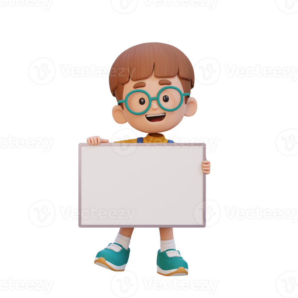 3D kid character holding a blank placard png