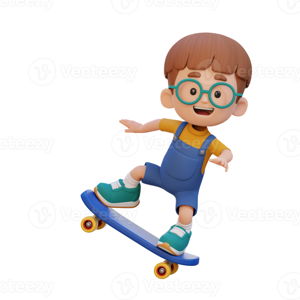 3D kid character ride skateboard png