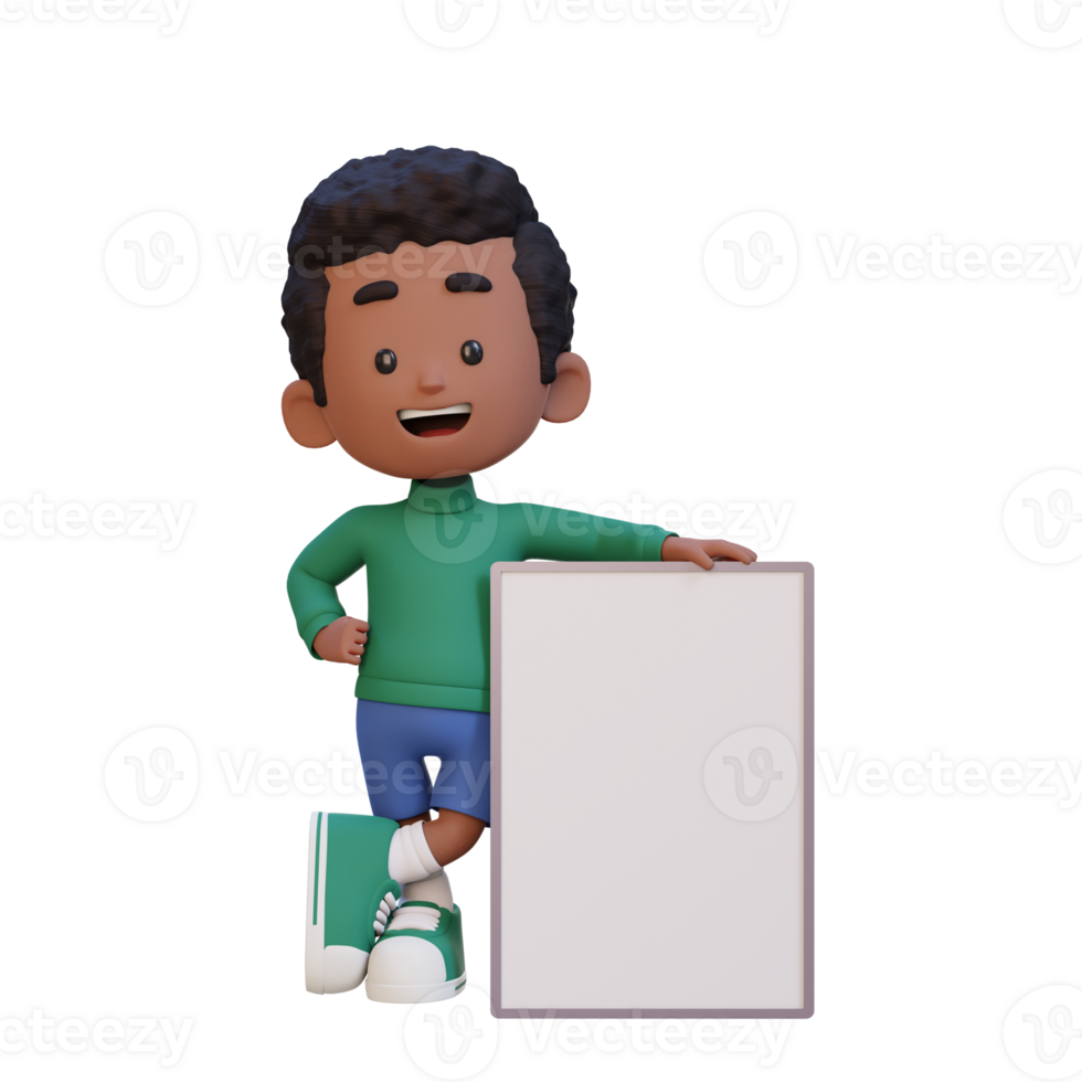 3D kid character holding a blank placard png