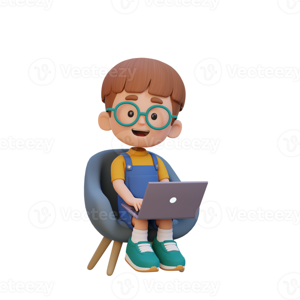 3D kid Character working on a Laptop png