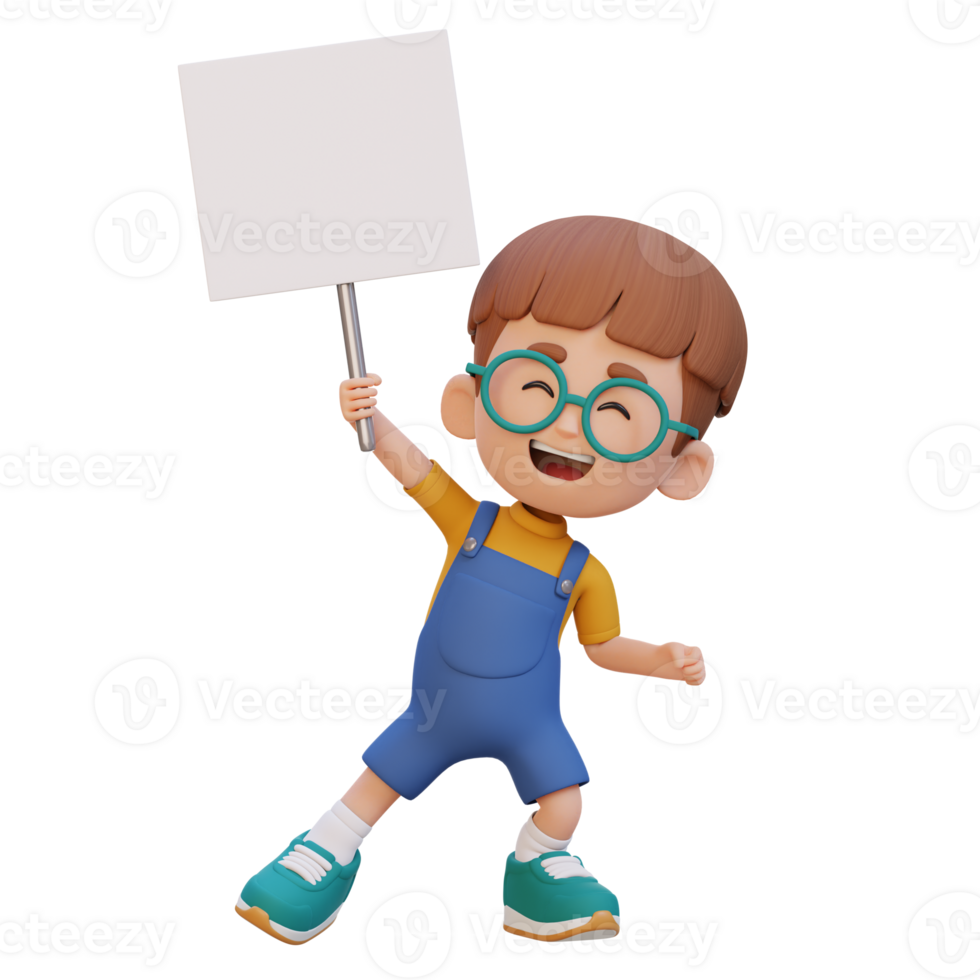 3D kid character holding a blank placard png