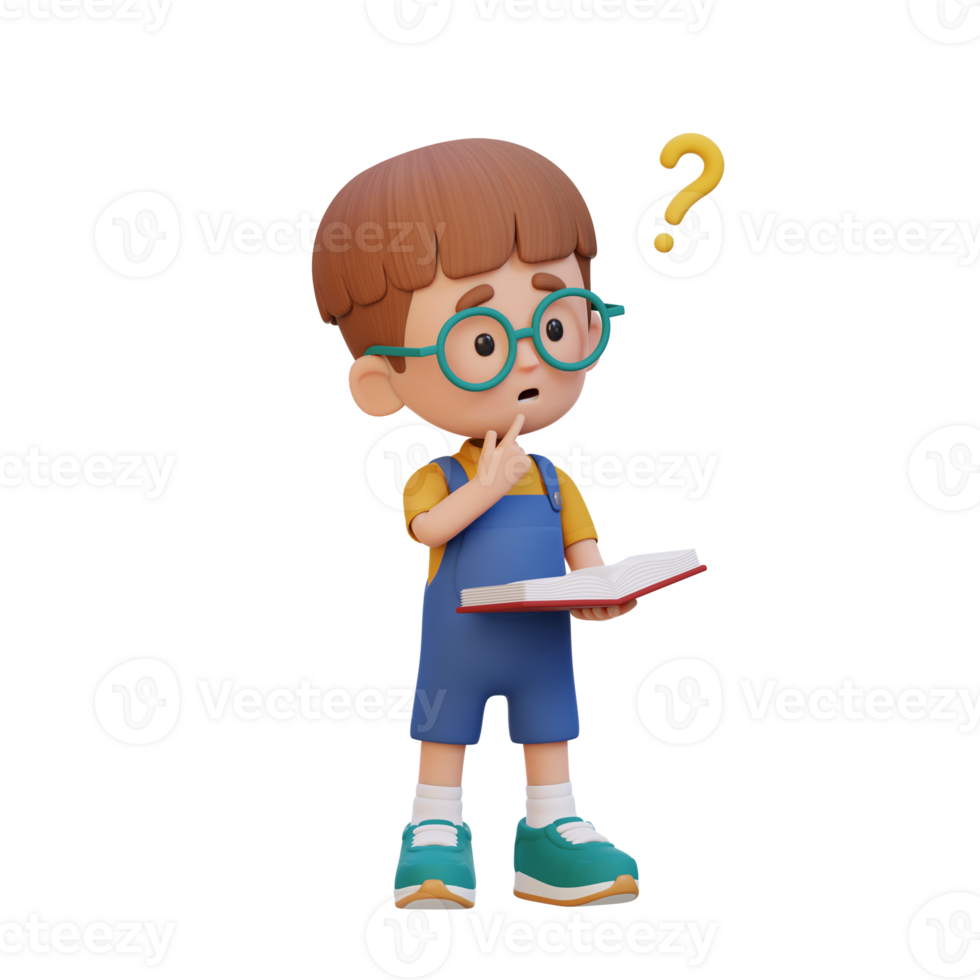 3D kid character get confused when reading a book png