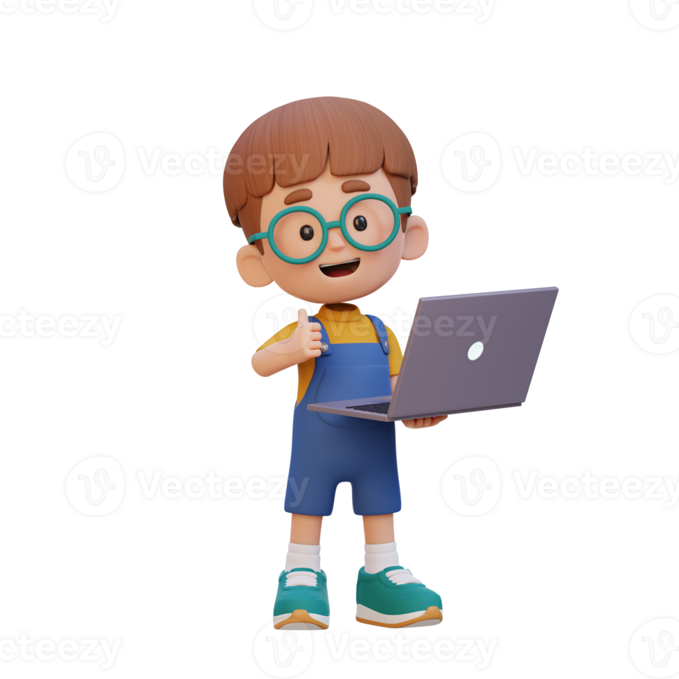 3D cute kid character give a thumb up while holding a laptop png