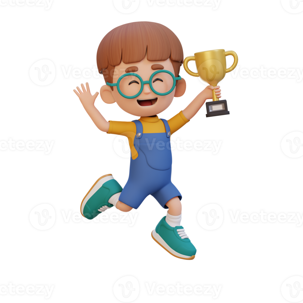 3d enfant personnage célébrer gagner en portant une trophée png