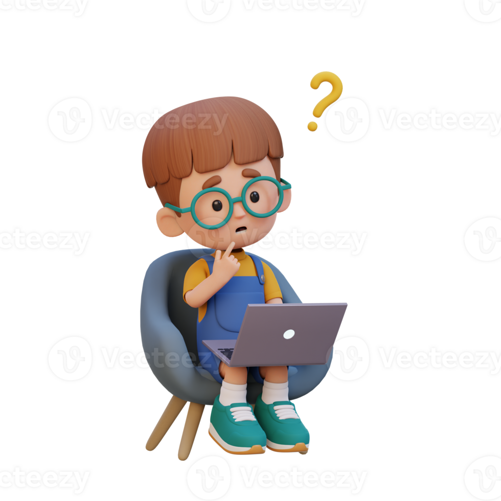 3D cute kid character confused on a laptop png