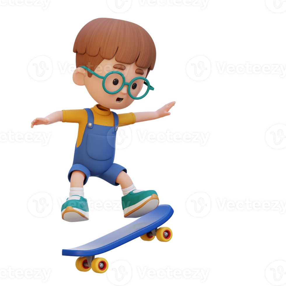 3D kid character ride skateboard png