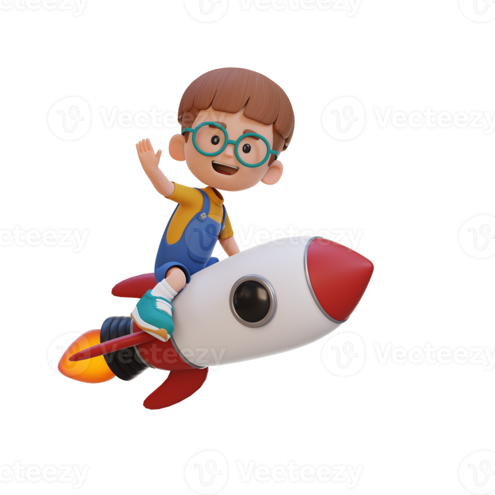 3D kid character riding a rocket and waving hand png