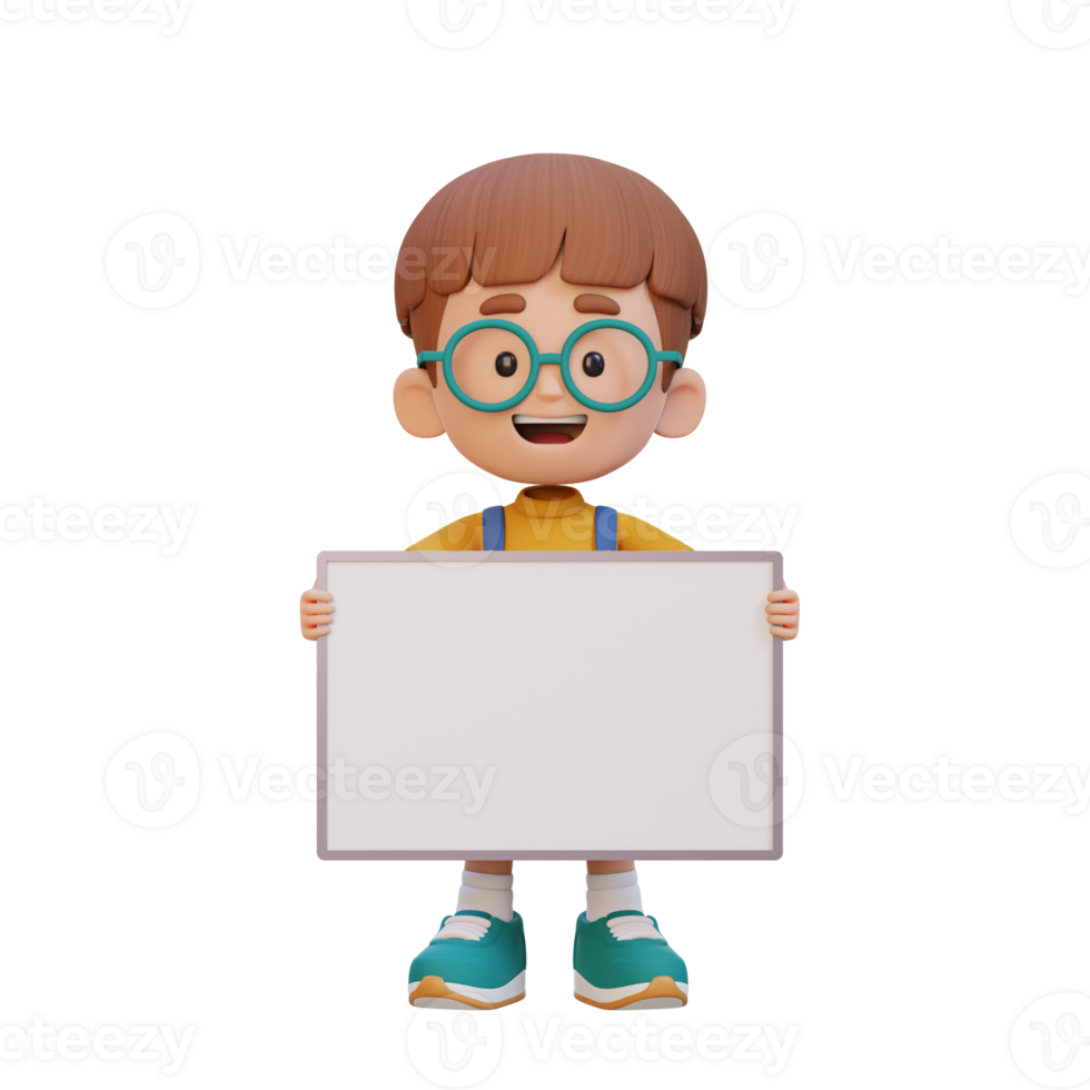3D kid character holding a blank placard png