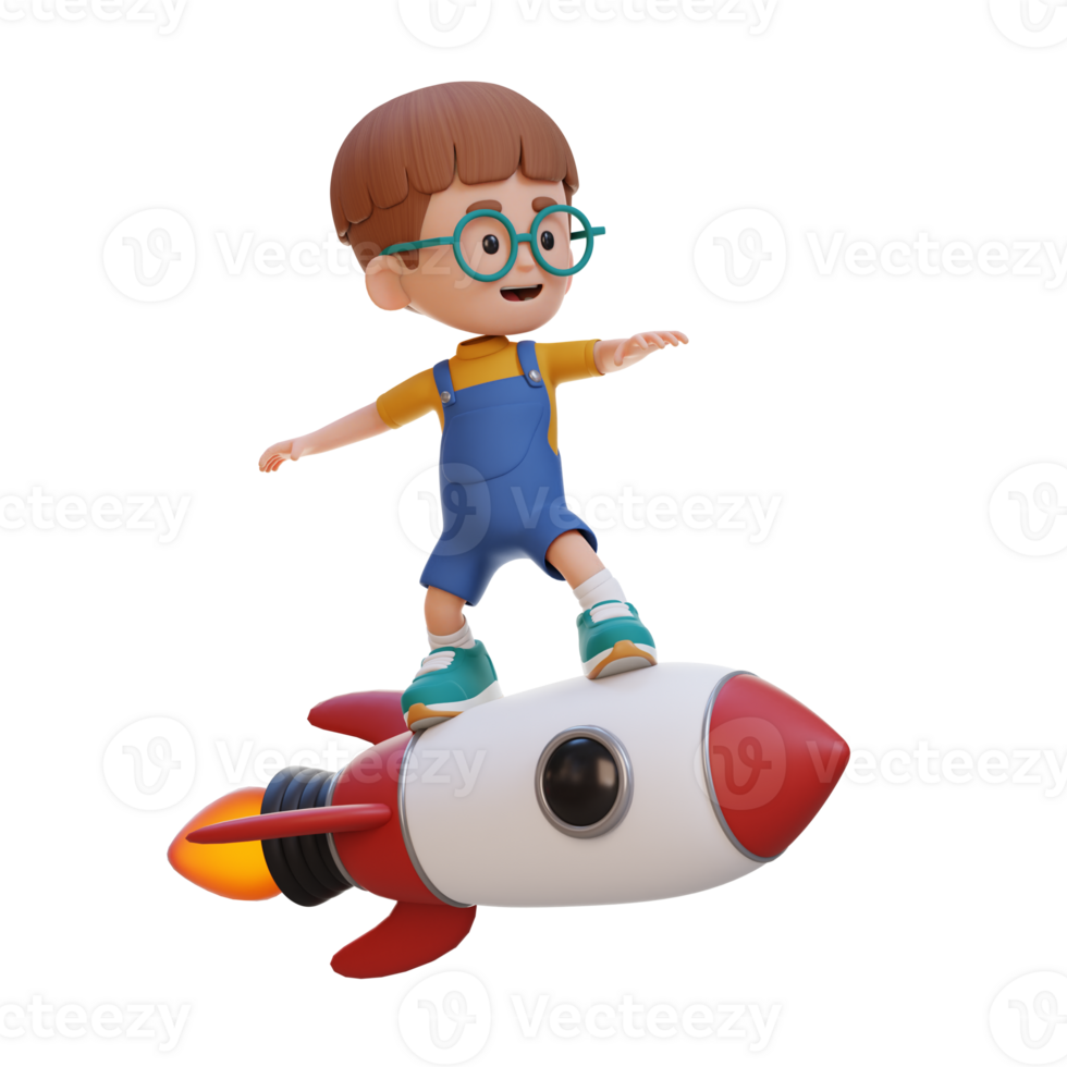 3D kid character standing riding a rocket png