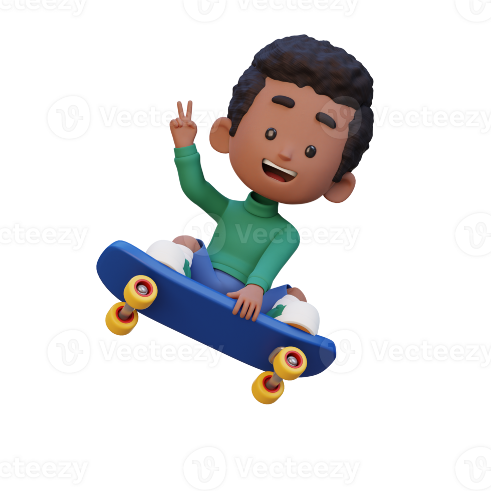 3D kid character ride skateboard png