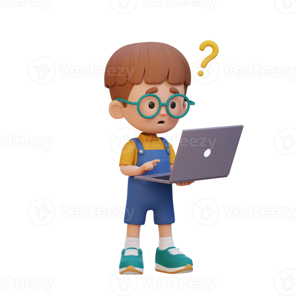 3D cute kid character confused on a laptop png