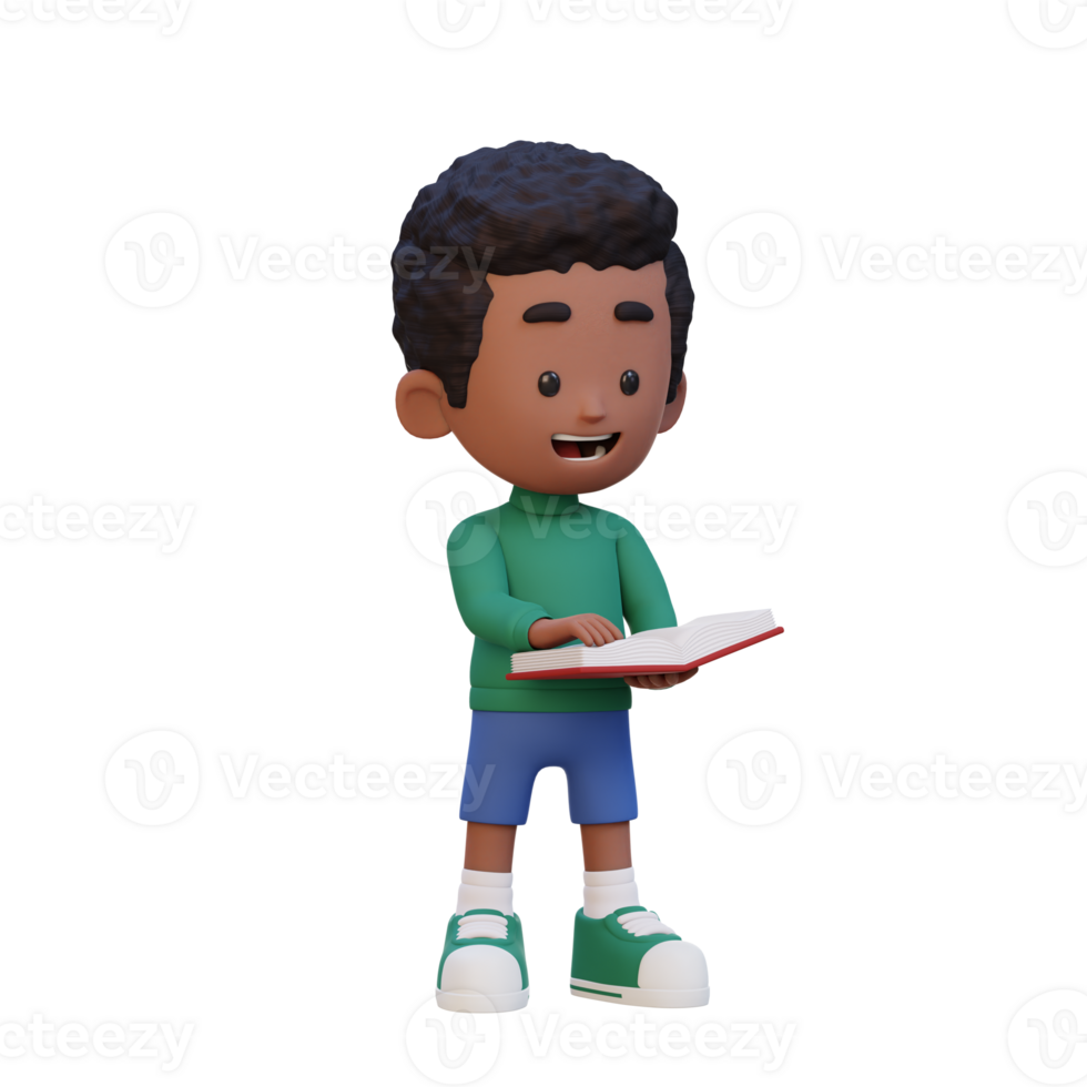 3D happy kid character reading book png