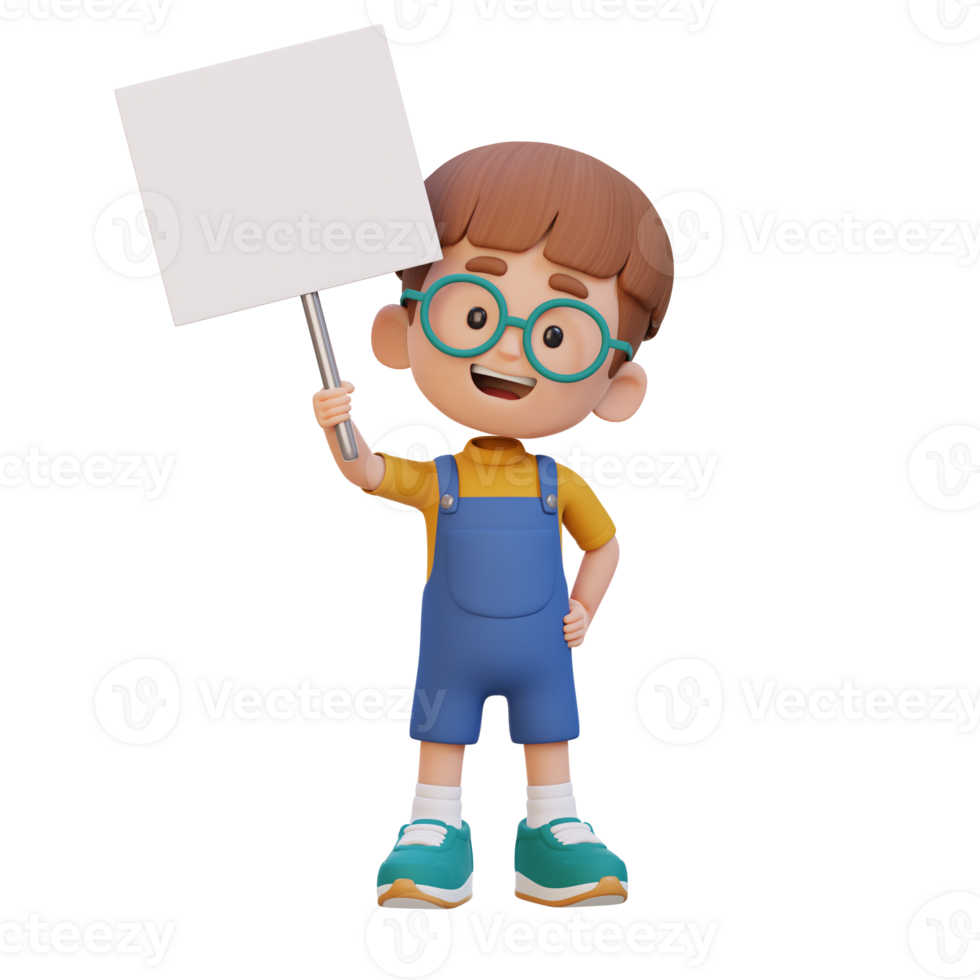 3D kid character holding a blank placard png