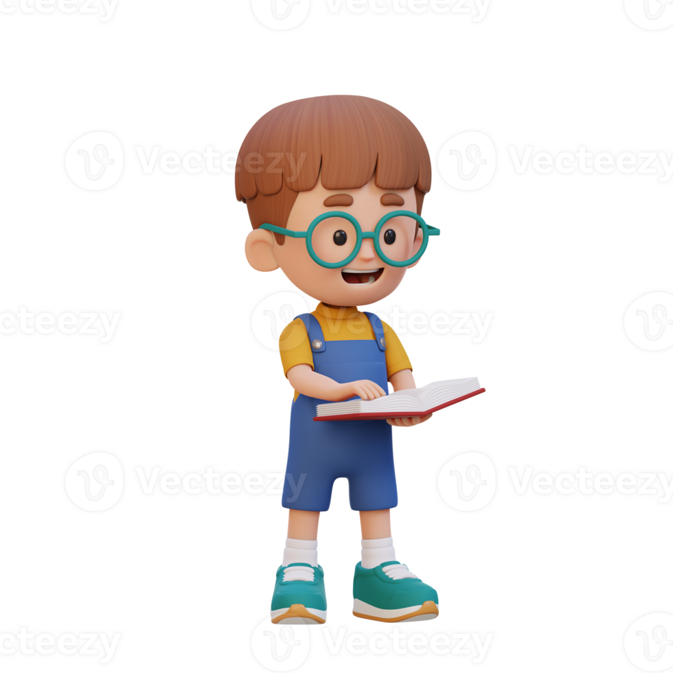 3D happy kid character reading book png