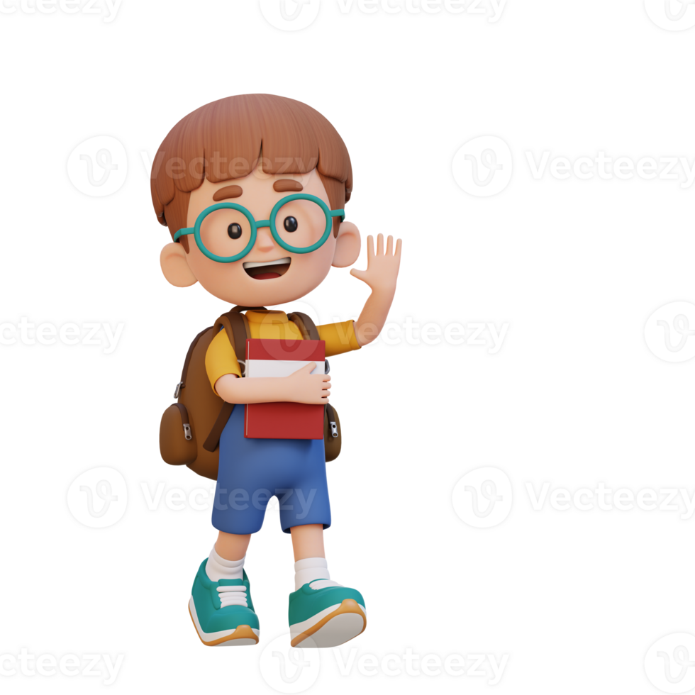 3D happy kid character walking go to school holding book and waving hand png