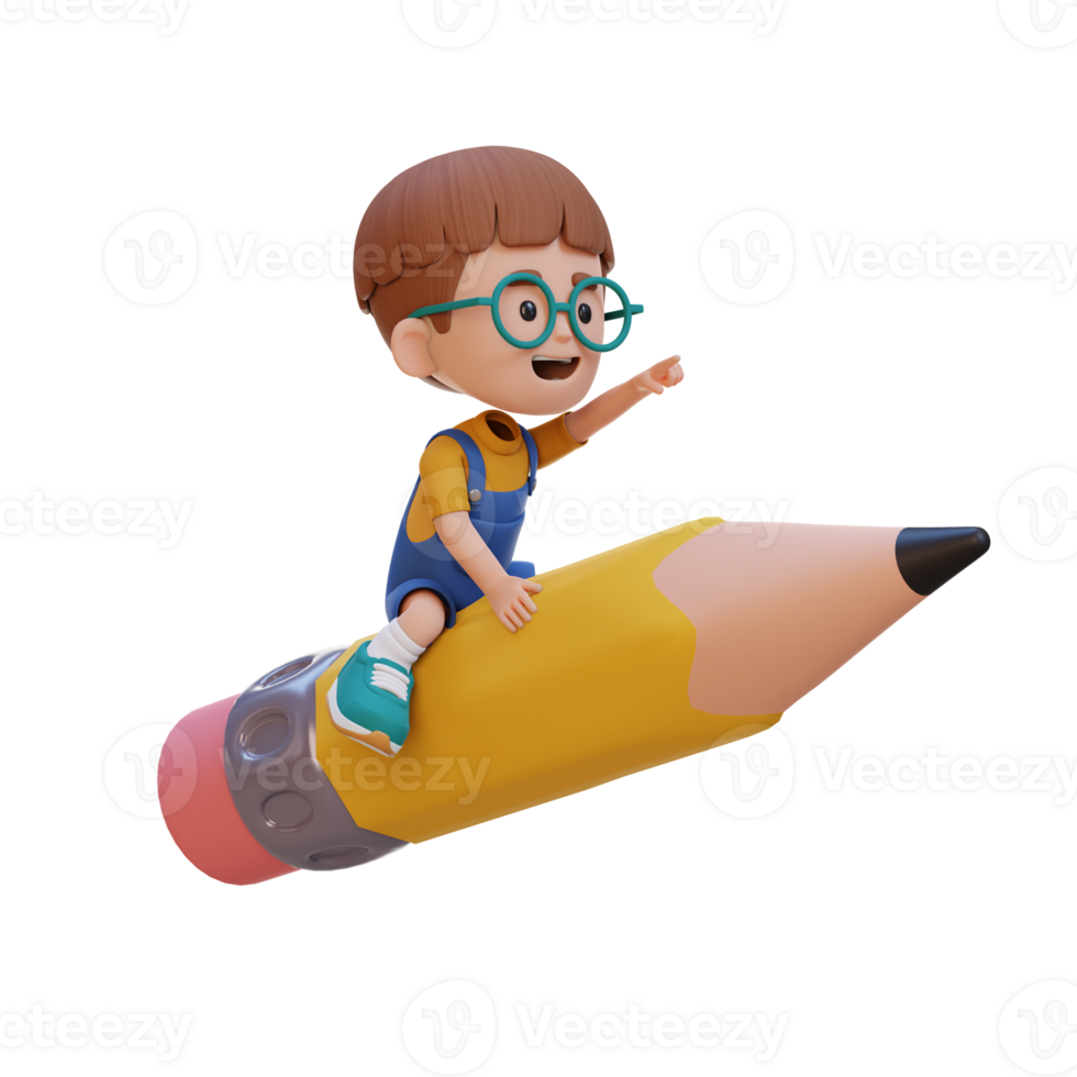 3D kid character riding a pencil and pointing hand png