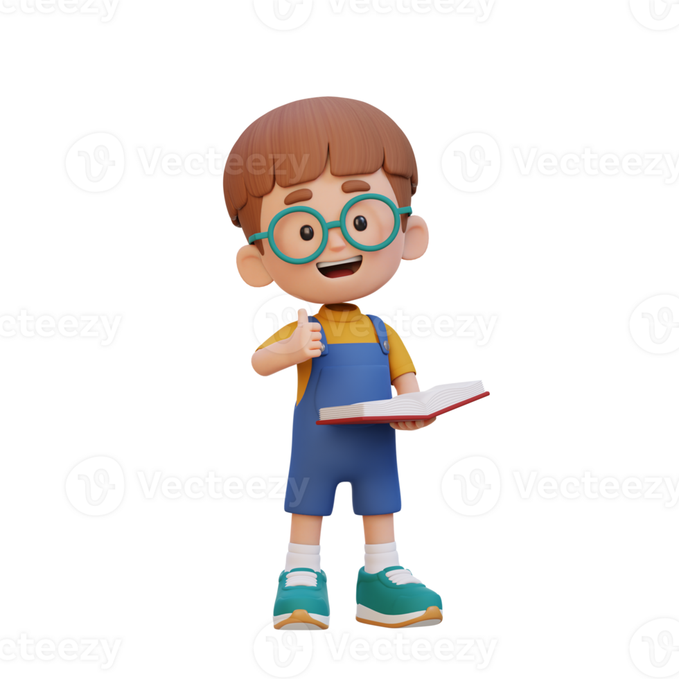 3D happy kid character reading book png