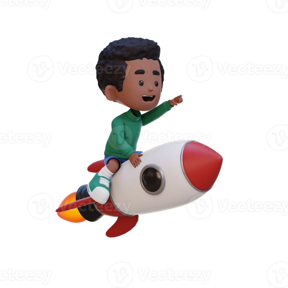 3D kid character riding a rocket and pointing hand png
