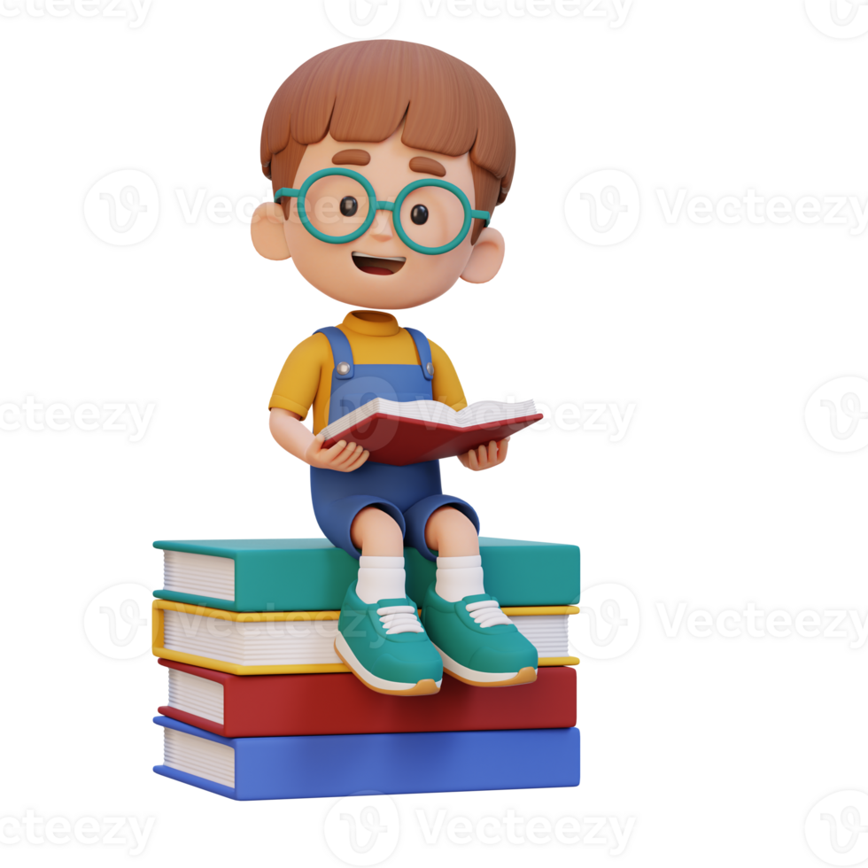 3D happy kid character reading book png