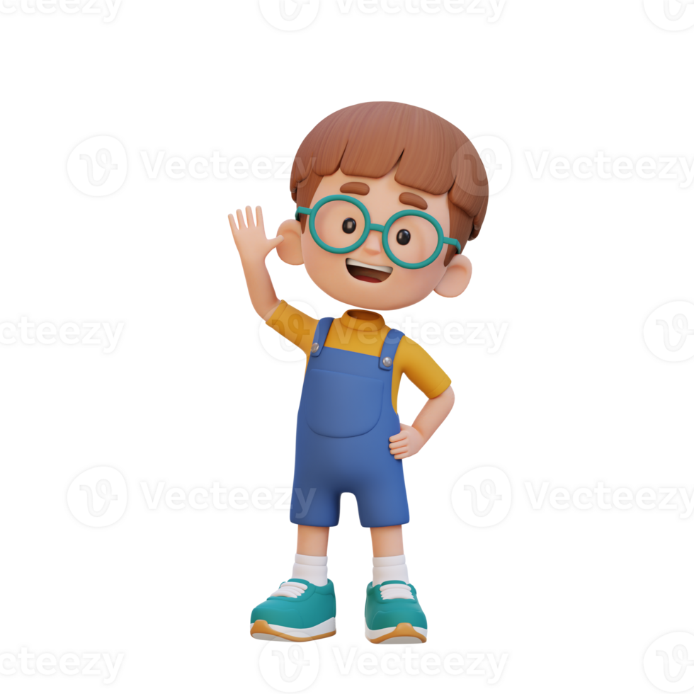 3D kid character waving hand with cute happy face png