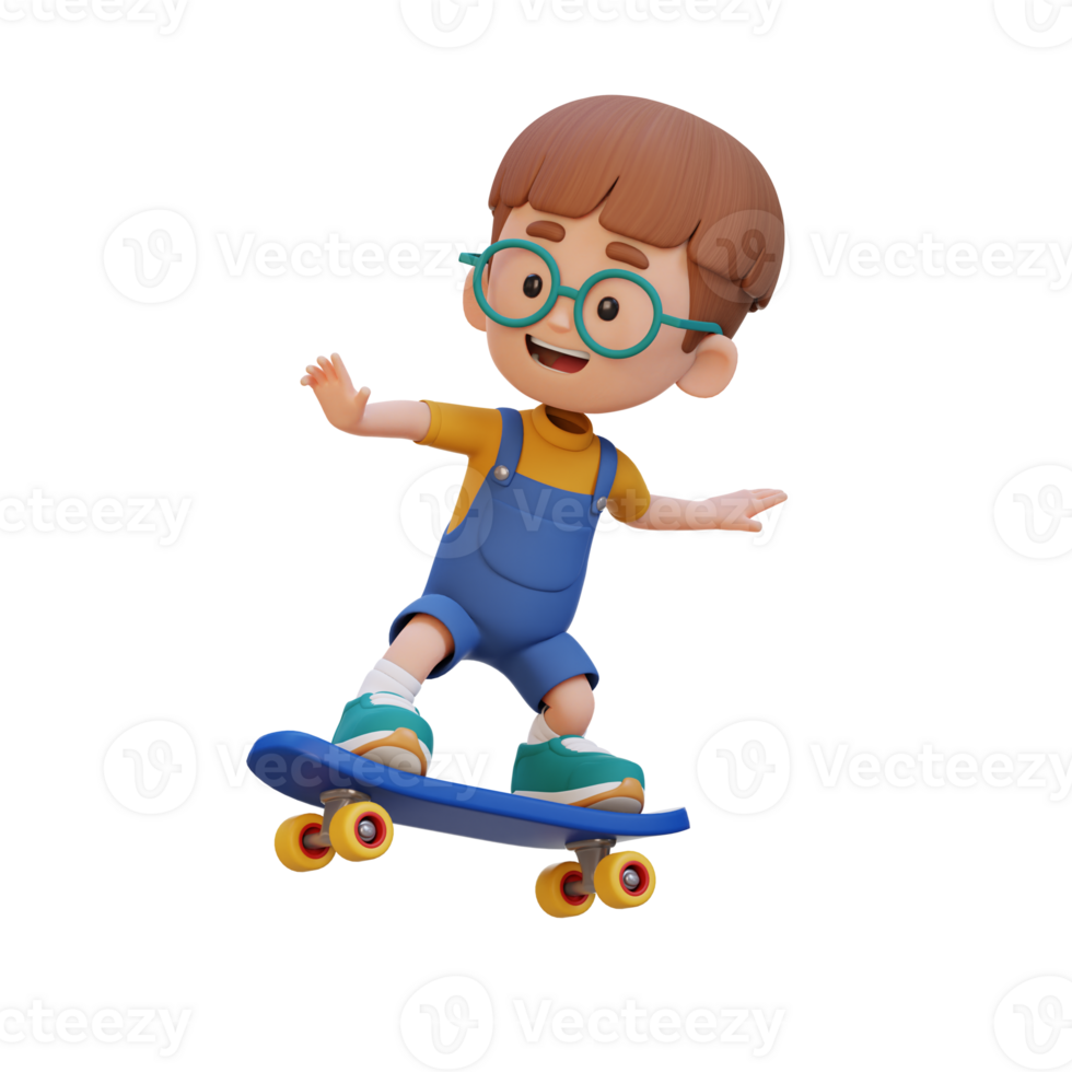3D kid character ride skateboard png