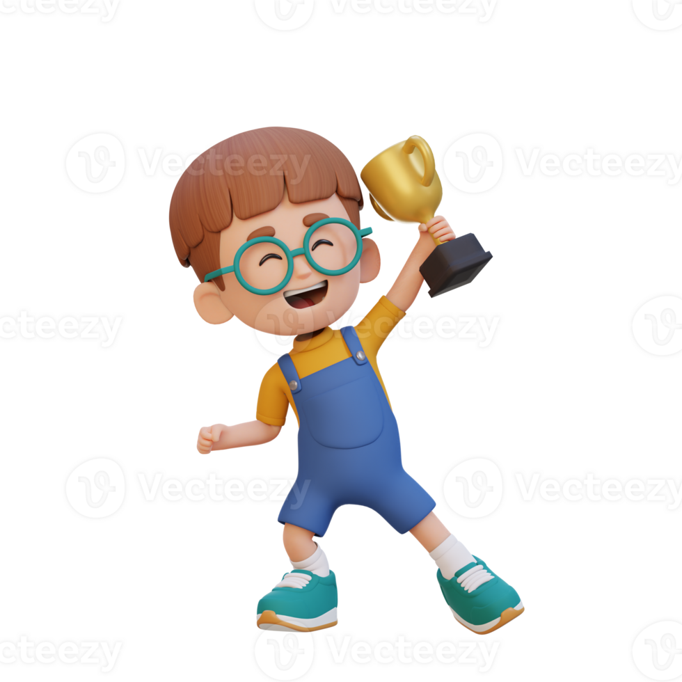 3D kid character celebrating win holding a trophy png