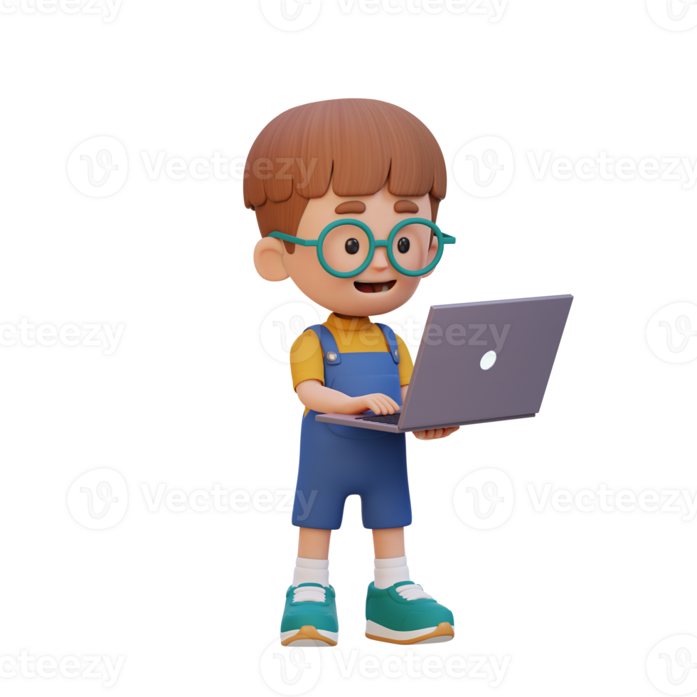 3D kid Character working on a Laptop png