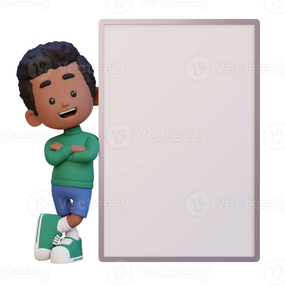 3d niño personaje participación un blanco cartel png