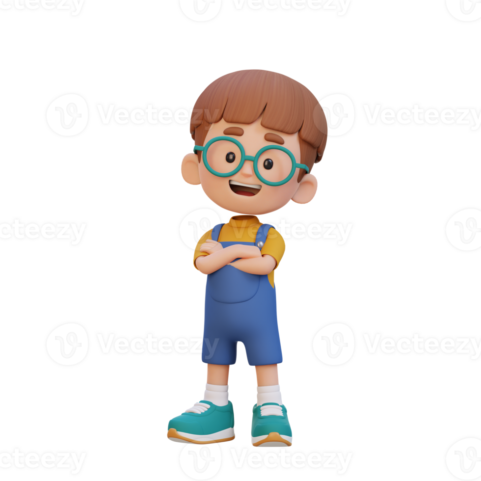 3D cute kid character in confident pose crossed hand png