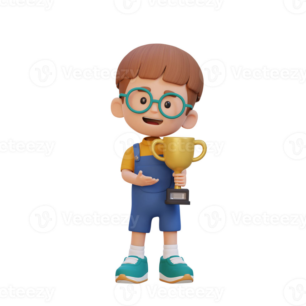 3d criança personagem a comemorar ganhar segurando uma troféu png