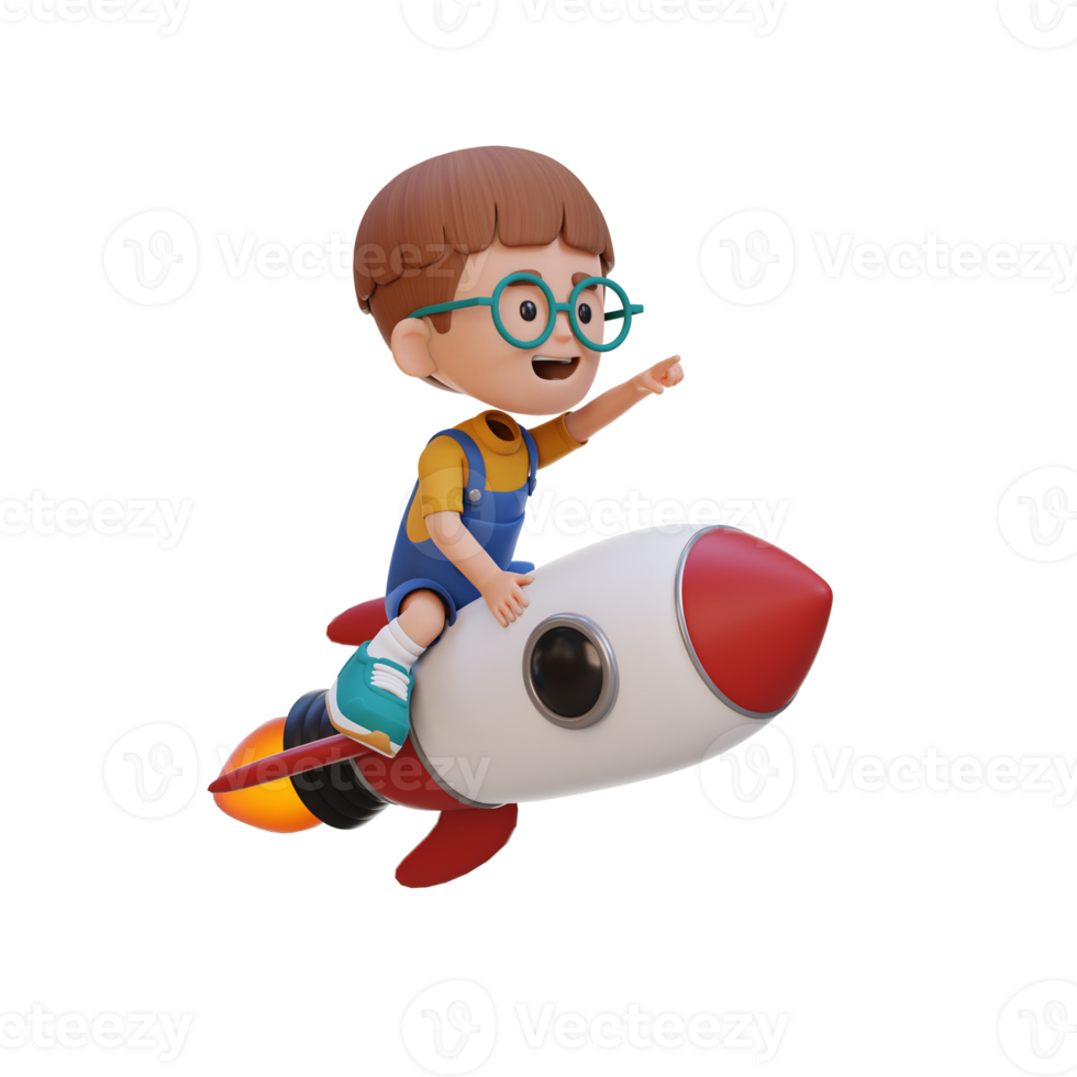 3D kid character riding a rocket and pointing hand png