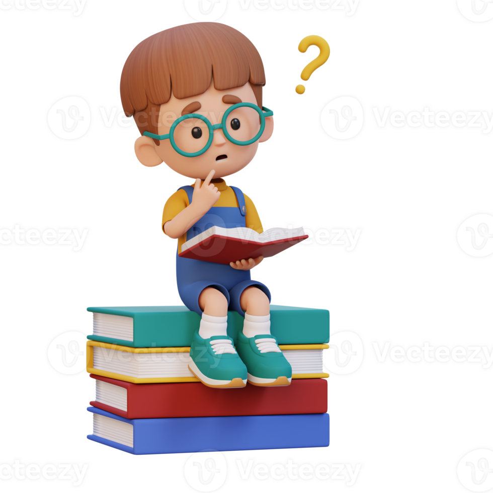 3D kid character get confused when reading a book png