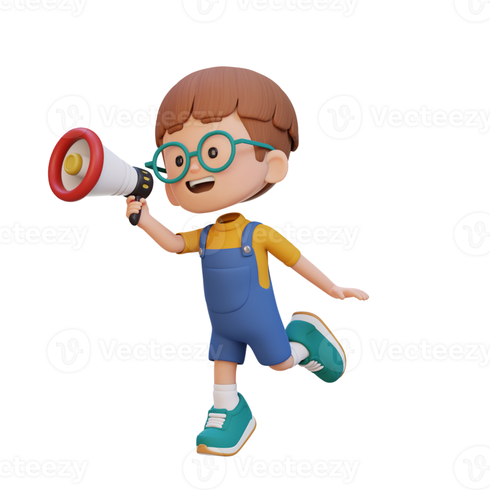 3D cute kid Character jumping and talking on Megaphone png