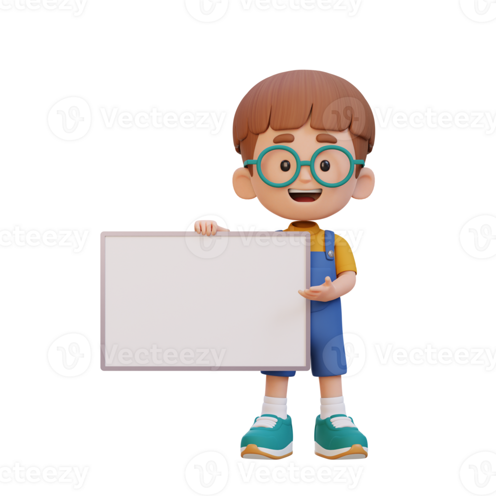 3D kid character holding a blank placard png