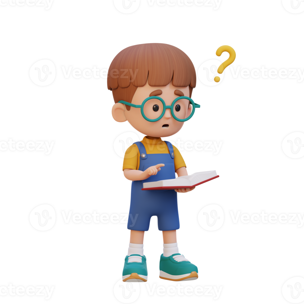 3D kid character get confused when reading a book png