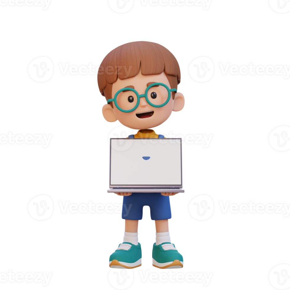 3D kid Character Holding and Presenting to a Laptop with Empty Screen png