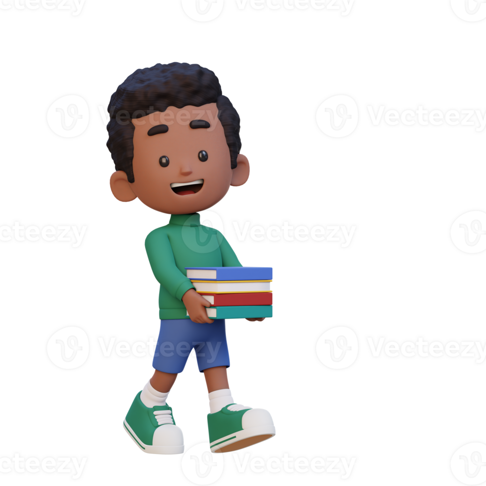 3D happy kid character holding book png